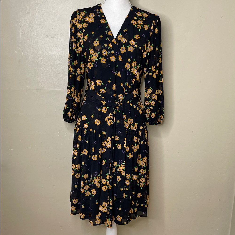 CABI 5945 Debut Dress Fiesta Floral Wrap Soft Mesh Ruffle Skirt Trad Wife Small